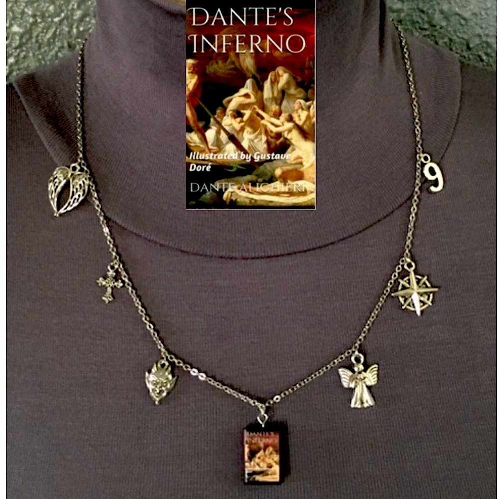 Dante's Inferno Handmade Literature Necklace, Book Cover, Devil, Angel, Cross, 9